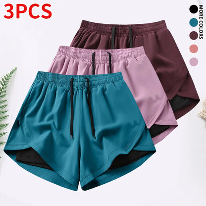 3-Piece Women's Casual Athletic Shorts Set with Built-In Lining, Drawstring, and Elastic Waistband for Running, Fitness, and Outdoor Activities