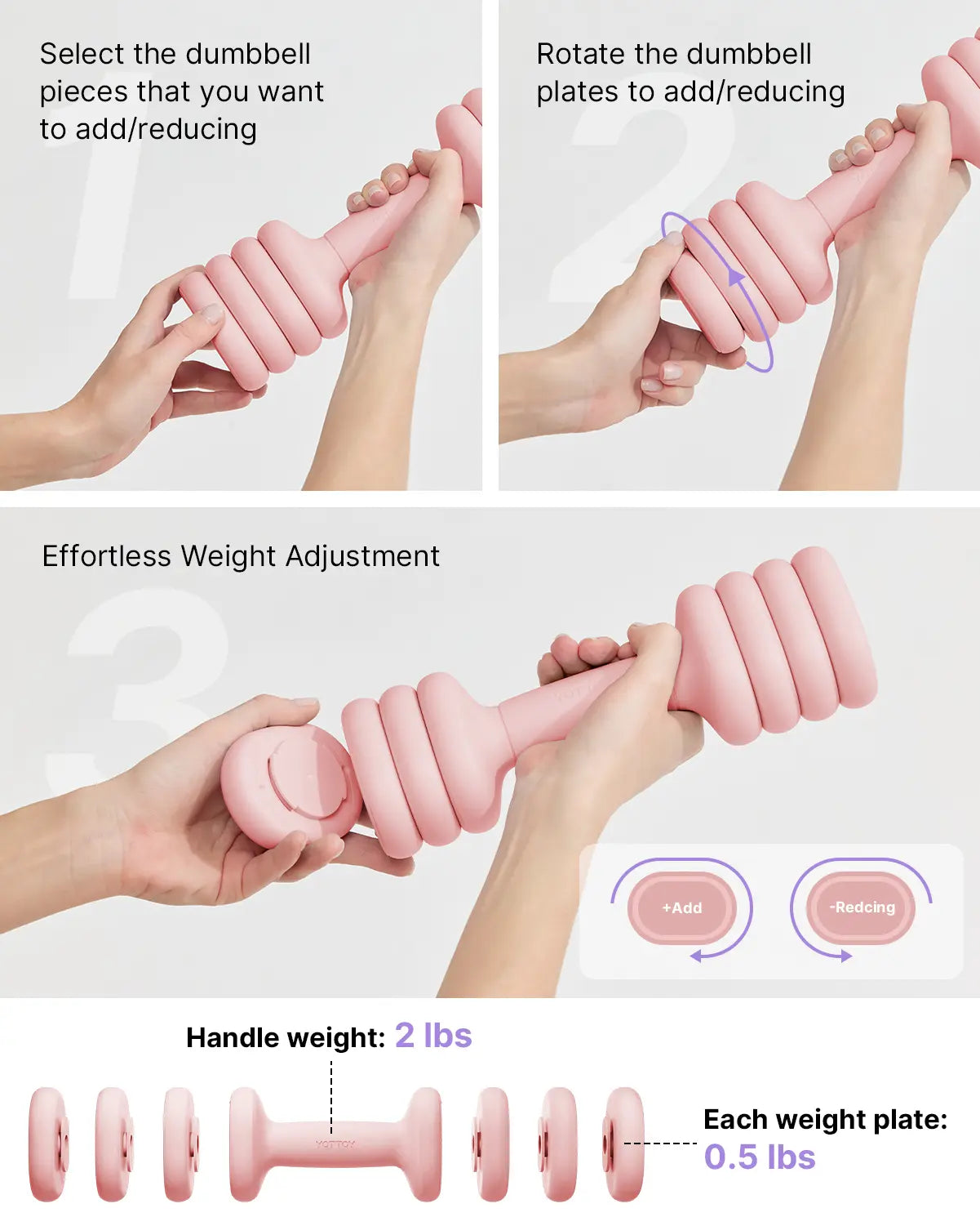 YOTTOY 4-in-1 Adjustable Dumbbell Set for Women - Compact 2-5 lbs Hand Weights with Ergonomic Non-Slip Design for Home Gym