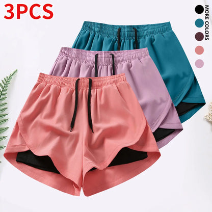 3-Piece Women's Casual Athletic Shorts Set with Built-In Lining, Drawstring, and Elastic Waistband for Running, Fitness, and Outdoor Activities