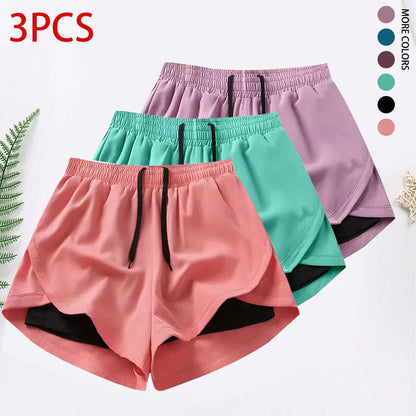 3-Piece Women's Casual Athletic Shorts Set with Built-In Lining, Drawstring, and Elastic Waistband for Running, Fitness, and Outdoor Activities