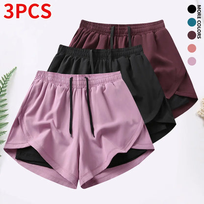 3-Piece Women's Casual Athletic Shorts Set with Built-In Lining, Drawstring, and Elastic Waistband for Running, Fitness, and Outdoor Activities