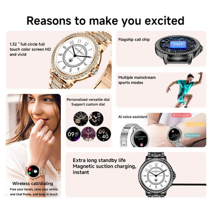 Women's Fashion Smart Watch with 1.32-Inch HD Display, Dual Straps, Waterproof Fitness Tracker, Compatible with Android and iOS