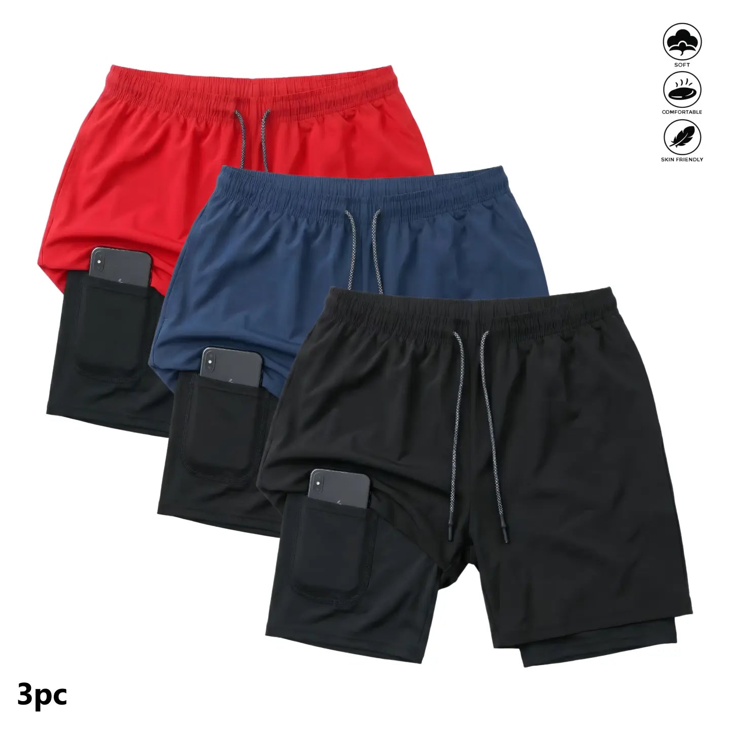 Unisex 3-Pack Athletic Shorts for Women, Fitted Cut with Compression Liner, Quick-Dry Elastic Waist with Drawstring, Pockets for Running and Gym Activities