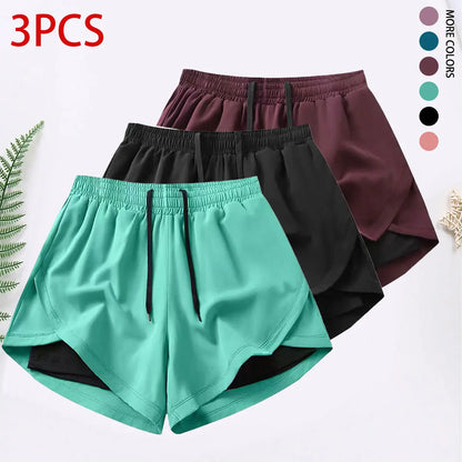3-Piece Women's Casual Athletic Shorts Set with Built-In Lining, Drawstring, and Elastic Waistband for Running, Fitness, and Outdoor Activities