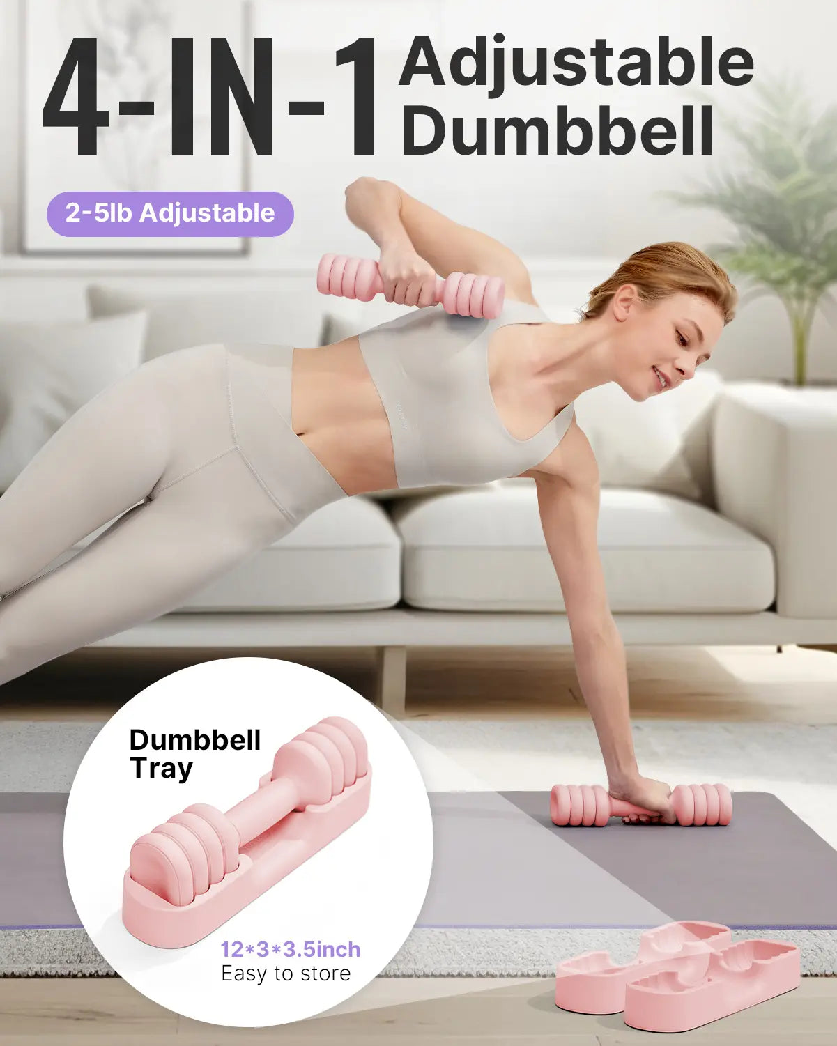 YOTTOY 4-in-1 Adjustable Dumbbell Set for Women - Compact 2-5 lbs Hand Weights with Ergonomic Non-Slip Design for Home Gym