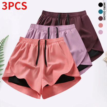 3-Piece Women's Casual Athletic Shorts Set with Built-In Lining, Drawstring, and Elastic Waistband for Running, Fitness, and Outdoor Activities